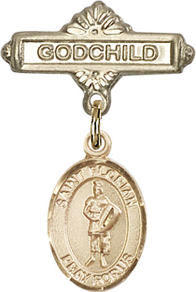 14kt Gold Baby Badge with St. Florian Charm and Godchild Badge Pin