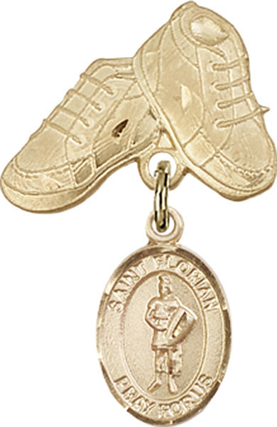 14kt Gold Baby Badge with St. Florian Charm and Baby Boots Pin