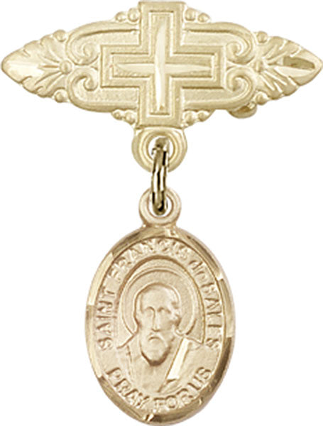 14kt Gold Filled Baby Badge with St. Francis de Sales Charm and Badge Pin with Cross
