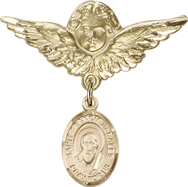14kt Gold Filled Baby Badge with St. Francis de Sales Charm and Angel w/Wings Badge Pin