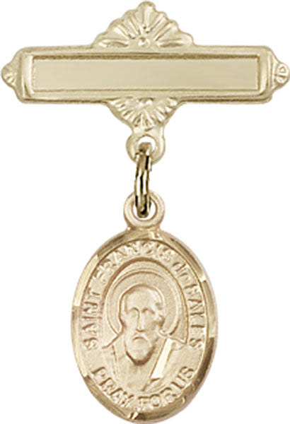 14kt Gold Baby Badge with St. Francis de Sales Charm and Polished Badge Pin