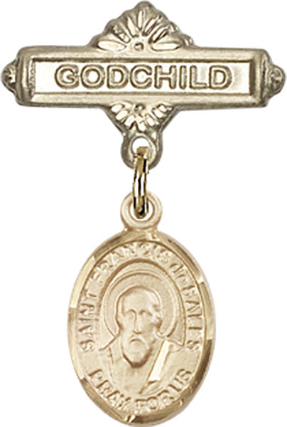 14kt Gold Baby Badge with St. Francis de Sales Charm and Godchild Badge Pin