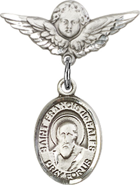 Sterling Silver Baby Badge with St. Francis de Sales Charm and Angel w/Wings Badge Pin