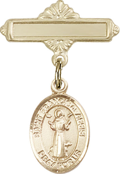 14kt Gold Filled Baby Badge with St. Francis of Assisi Charm and Polished Badge Pin