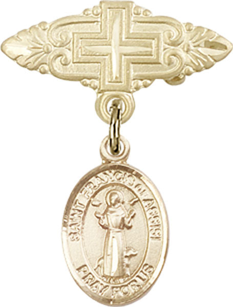 14kt Gold Filled Baby Badge with St. Francis of Assisi Charm and Badge Pin with Cross