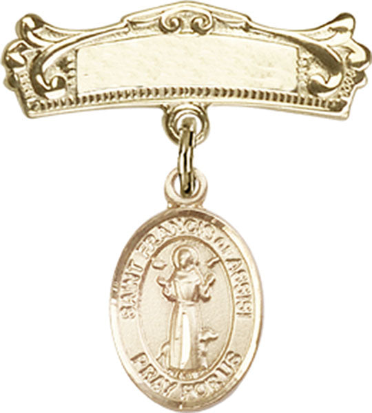 14kt Gold Filled Baby Badge with St. Francis of Assisi Charm and Arched Polished Badge Pin