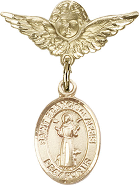 14kt Gold Filled Baby Badge with St. Francis of Assisi Charm and Angel w/Wings Badge Pin