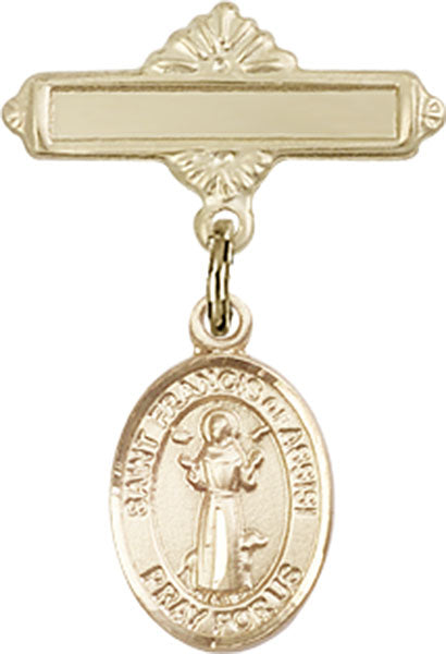 14kt Gold Baby Badge with St. Francis of Assisi Charm and Polished Badge Pin