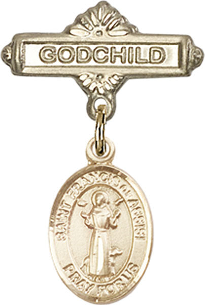 14kt Gold Baby Badge with St. Francis of Assisi Charm and Godchild Badge Pin