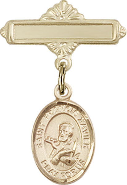 14kt Gold Filled Baby Badge with St. Francis Xavier Charm and Polished Badge Pin