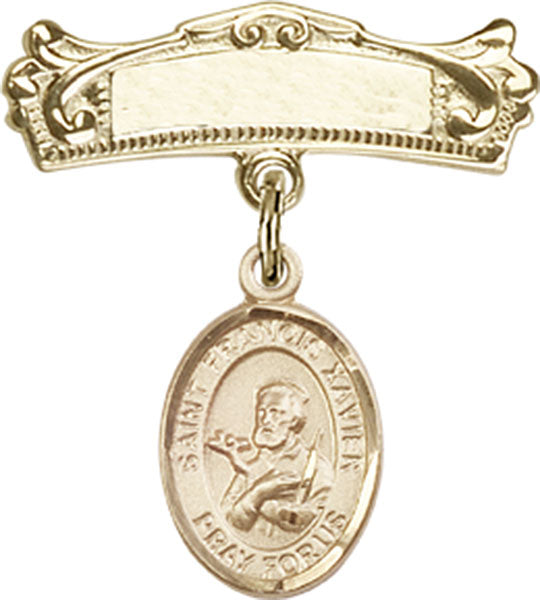 14kt Gold Filled Baby Badge with St. Francis Xavier Charm and Arched Polished Badge Pin