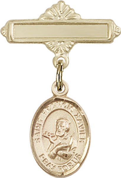 14kt Gold Baby Badge with St. Francis Xavier Charm and Polished Badge Pin