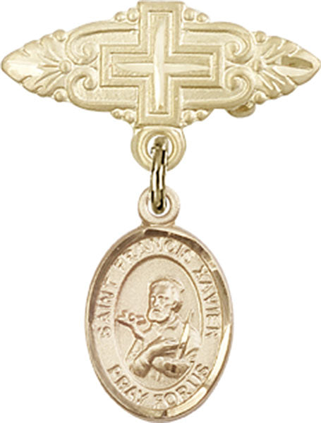 14kt Gold Baby Badge with St. Francis Xavier Charm and Badge Pin with Cross