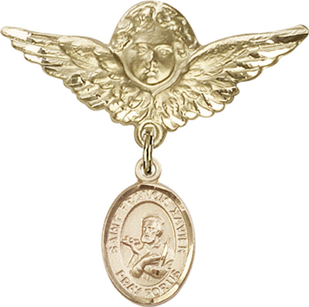 14kt Gold Baby Badge with St. Francis Xavier Charm and Angel w/Wings Badge Pin