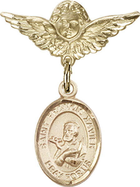 14kt Gold Baby Badge with St. Francis Xavier Charm and Angel w/Wings Badge Pin
