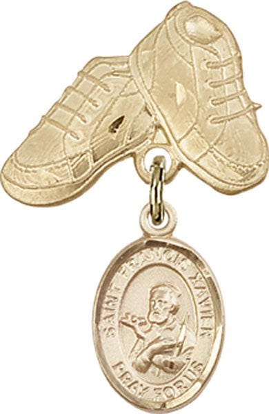 14kt Gold Baby Badge with St. Francis Xavier Charm and Baby Boots Pin