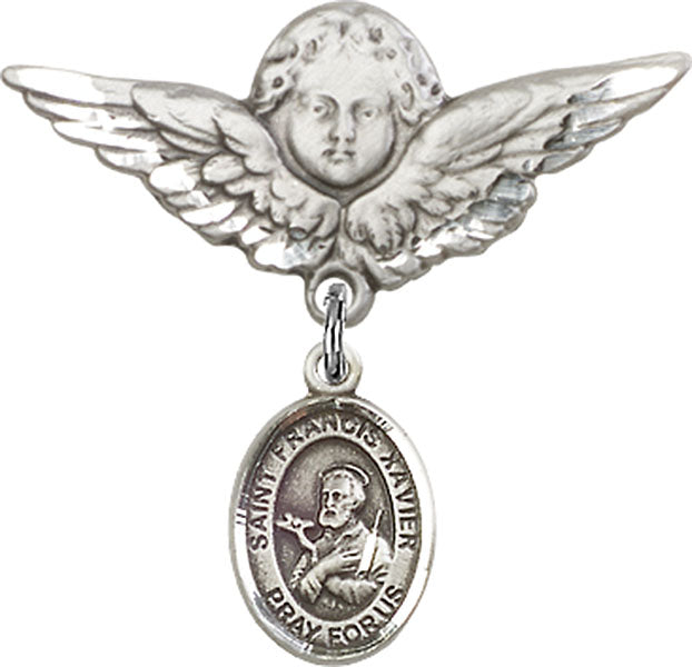 Sterling Silver Baby Badge with St. Francis Xavier Charm and Angel w/Wings Badge Pin