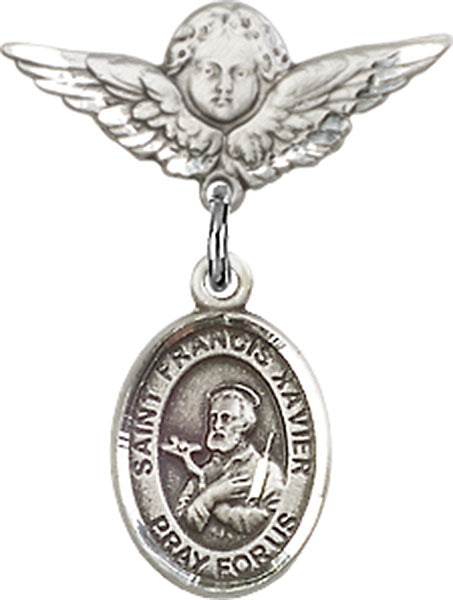 Sterling Silver Baby Badge with St. Francis Xavier Charm and Angel w/Wings Badge Pin
