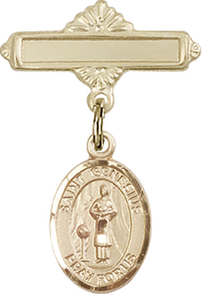 14kt Gold Filled Baby Badge with St. Genesius of Rome Charm and Polished Badge Pin