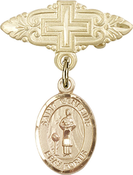 14kt Gold Filled Baby Badge with St. Genesius of Rome Charm and Badge Pin with Cross