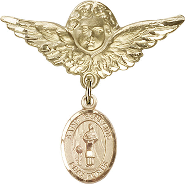 14kt Gold Filled Baby Badge with St. Genesius of Rome Charm and Angel w/Wings Badge Pin