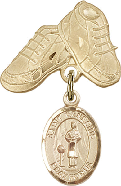 14kt Gold Filled Baby Badge with St. Genesius of Rome Charm and Baby Boots Pin
