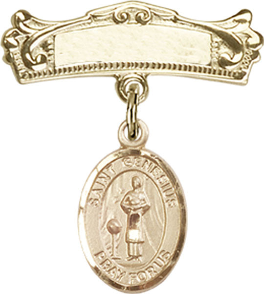 14kt Gold Baby Badge with St. Genesius of Rome Charm and Arched Polished Badge Pin