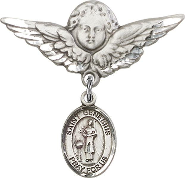 Sterling Silver Baby Badge with St. Genesius of Rome Charm and Angel w/Wings Badge Pin