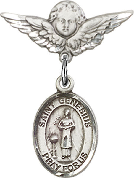 Sterling Silver Baby Badge with St. Genesius of Rome Charm and Angel w/Wings Badge Pin