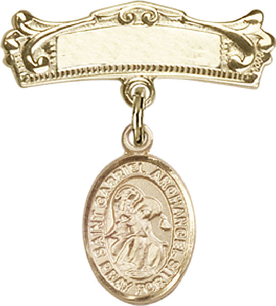 14kt Gold Filled Baby Badge with St. Gabriel the Archangel Charm and Arched Polished Badge Pin