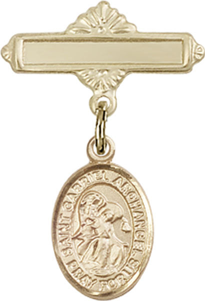 14kt Gold Baby Badge with St. Gabriel the Archangel Charm and Polished Badge Pin