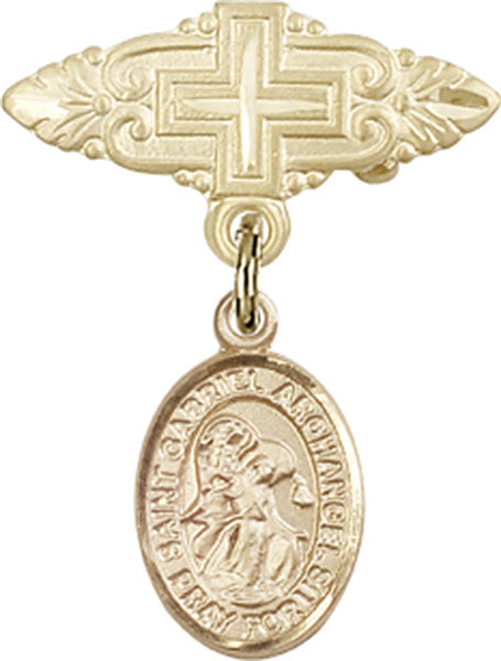 14kt Gold Baby Badge with St. Gabriel the Archangel Charm and Badge Pin with Cross