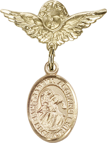 14kt Gold Baby Badge with St. Gabriel the Archangel Charm and Angel w/Wings Badge Pin
