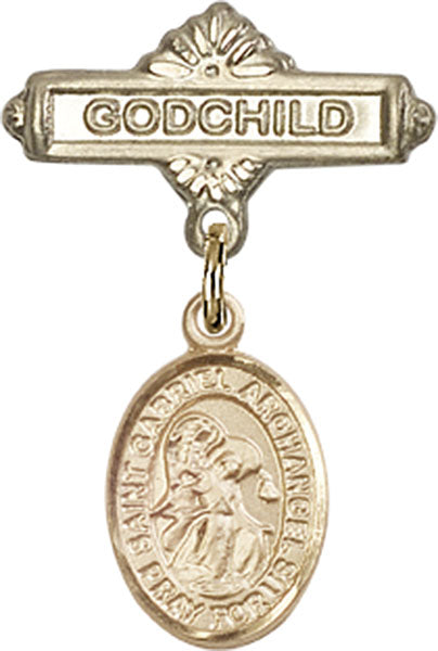 14kt Gold Baby Badge with St. Gabriel the Archangel Charm and Godchild Badge Pin