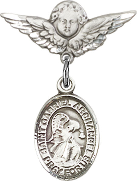 Sterling Silver Baby Badge with St. Gabriel the Archangel Charm and Angel w/Wings Badge Pin