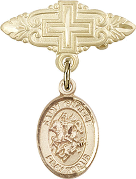 14kt Gold Filled Baby Badge with St. George Charm and Badge Pin with Cross