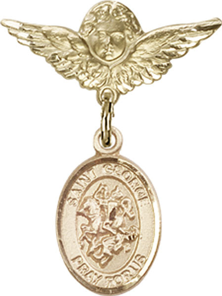 14kt Gold Filled Baby Badge with St. George Charm and Angel w/Wings Badge Pin