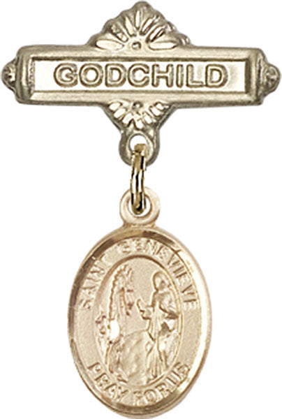 14kt Gold Filled Baby Badge with St. Genevieve Charm and Godchild Badge Pin