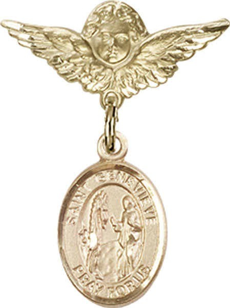 14kt Gold Baby Badge with St. Genevieve Charm and Angel w/Wings Badge Pin