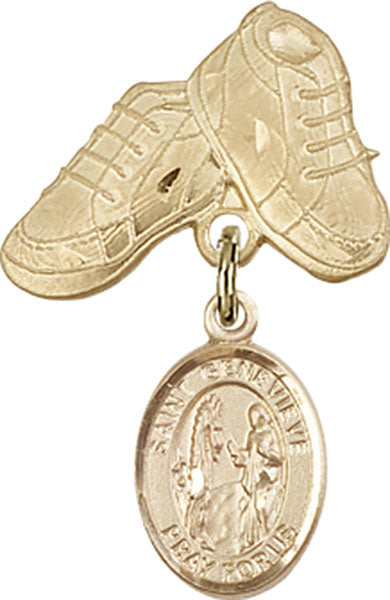 14kt Gold Baby Badge with St. Genevieve Charm and Baby Boots Pin
