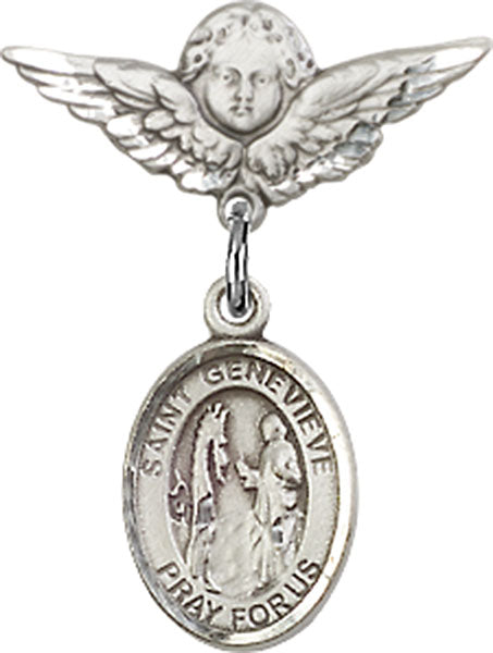 Sterling Silver Baby Badge with St. Genevieve Charm and Angel w/Wings Badge Pin