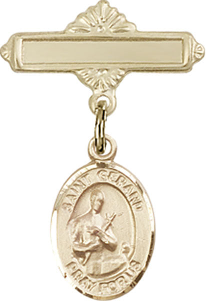 14kt Gold Filled Baby Badge with St. Gerard Charm and Polished Badge Pin