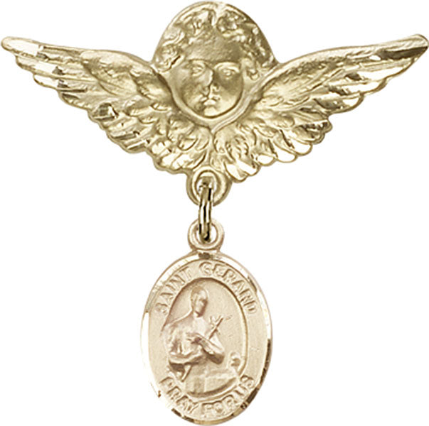 14kt Gold Filled Baby Badge with St. Gerard Charm and Angel w/Wings Badge Pin