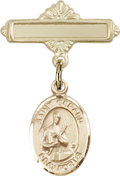14kt Gold Baby Badge with St. Gerard Charm and Polished Badge Pin