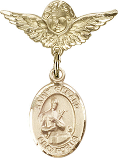 14kt Gold Baby Badge with St. Gerard Charm and Angel w/Wings Badge Pin