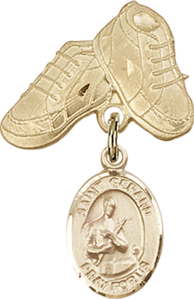 14kt Gold Baby Badge with St. Gerard Charm and Baby Boots Pin