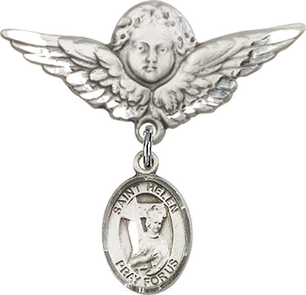 Sterling Silver Baby Badge with St. Helen Charm and Angel w/Wings Badge Pin