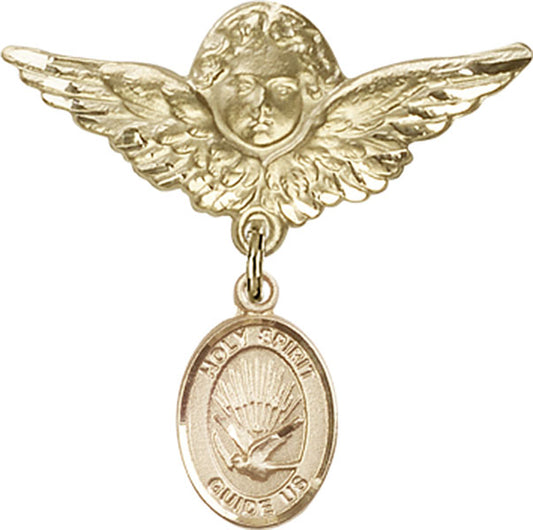 14kt Gold Baby Badge with Holy Spirit Charm and Angel w/Wings Badge Pin