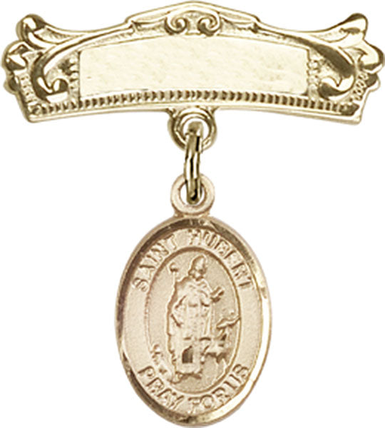 14kt Gold Filled Baby Badge with St. Hubert of Liege Charm and Arched Polished Badge Pin