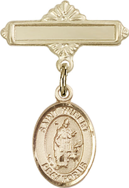 14kt Gold Baby Badge with St. Hubert of Liege Charm and Polished Badge Pin
